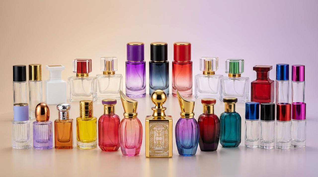 Collection de flacons de parfums vides en verre, différents modèles et couleurs, avec vaporisateurs et bouchons élégants, pour huiles parfumées et parfums.