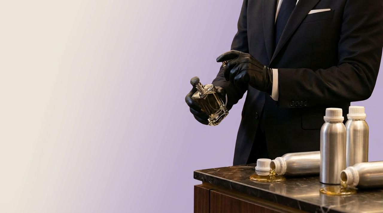 Homme élégant vaporisant un parfum, avec des bouteilles d'huile parfumées en aluminium.