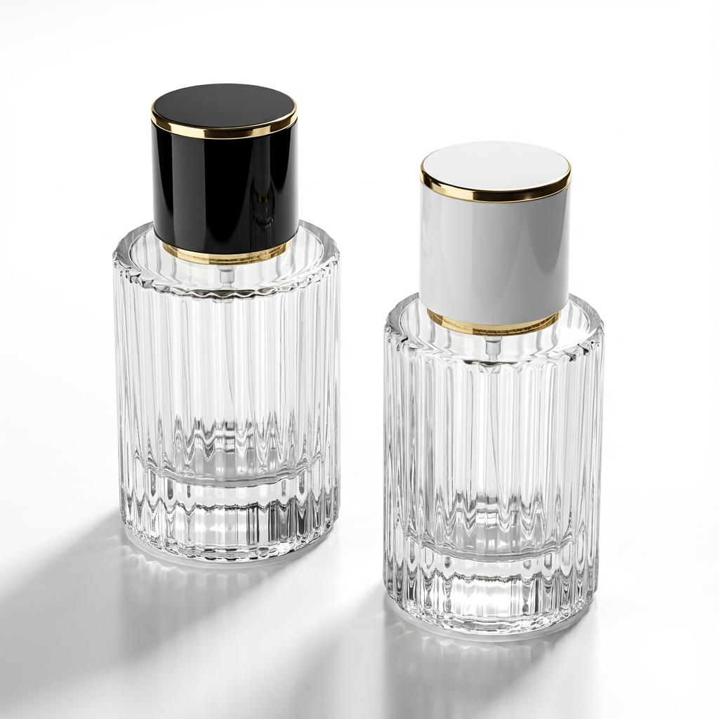 Flacon de parfum en verre coloré style Amber Elixir, design luxe avec vaporisateur doré