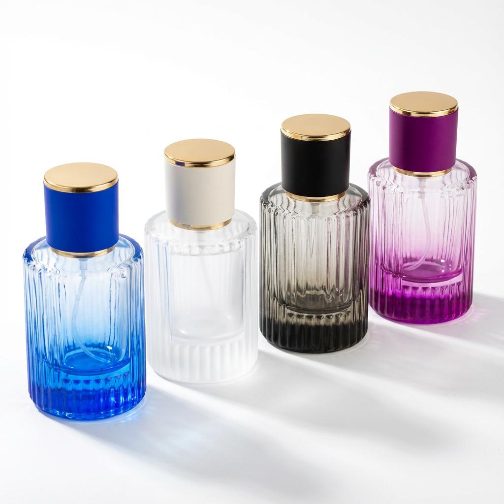 Flacon de parfum en verre coloré style Amber Elixir, design luxe avec vaporisateur doré