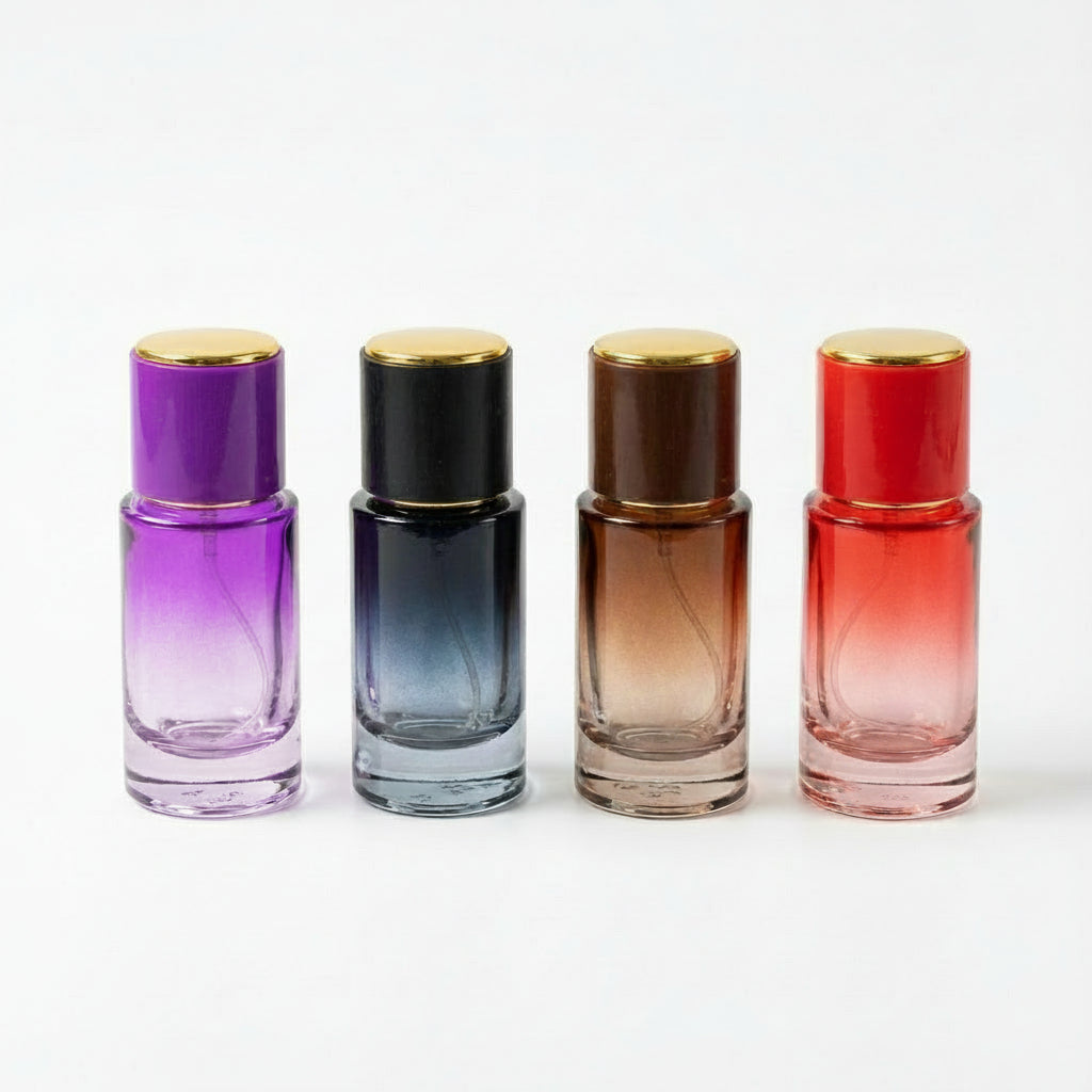 Flacons de parfum vides 20 ml en verre en couleur avec bouchons colorés pour huiles et parfums